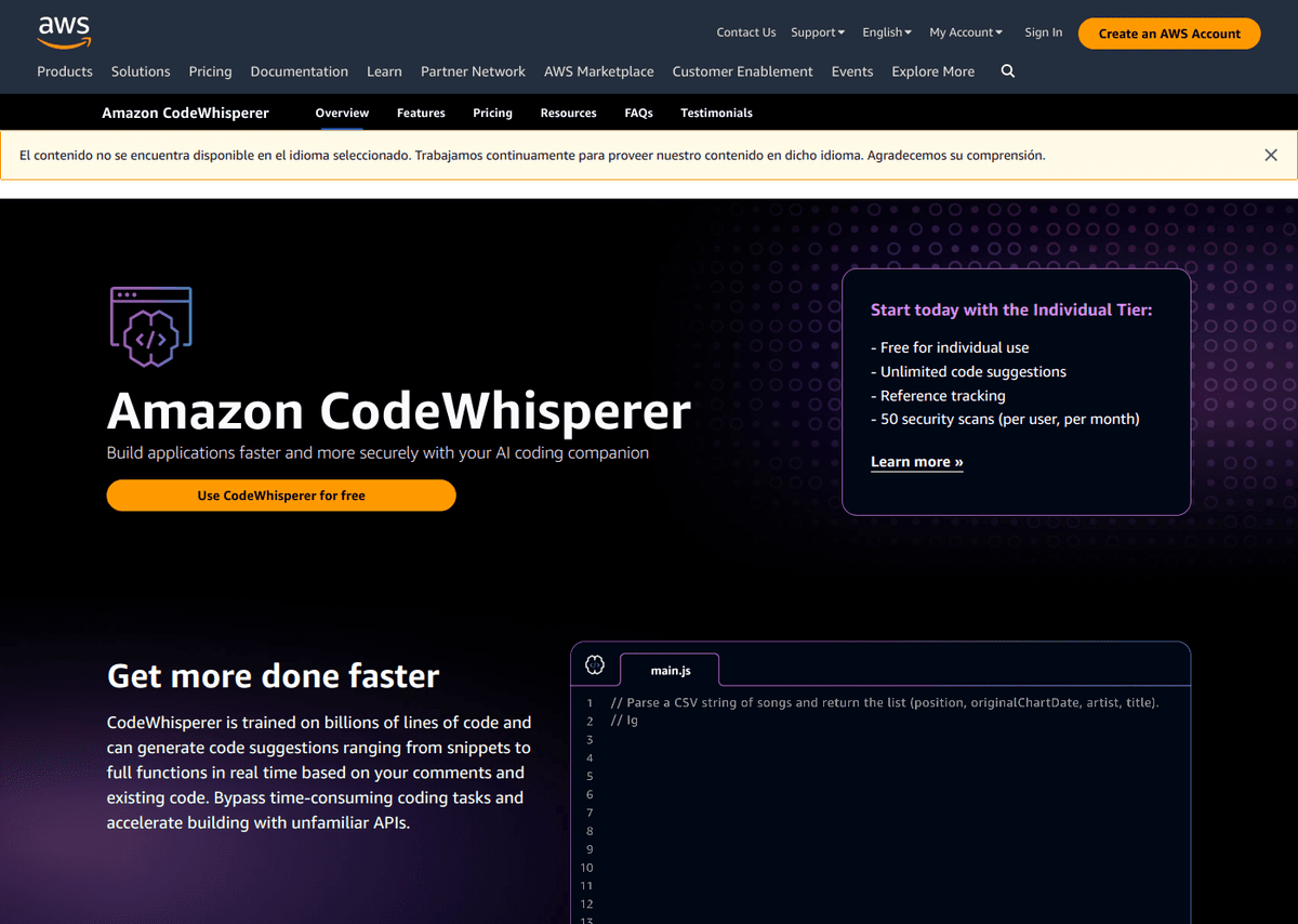 Amazon CodeWhisperer website